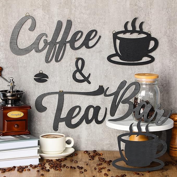 Queekay 7 Pieces Coffee Bar Sign Rustic Wall Decor Art Wooden Sign with Coffee Beans and Cups Decor for Bar Counter Home Office Kitchen - Image 7