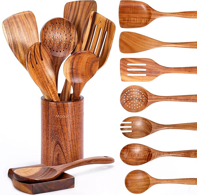 Mooues 9 Piece Natural Teak Wooden Kitchen Utensil Set with Spoon Rest - Comfort Grip Cooking Spoons and Utensils Holder by Mooues