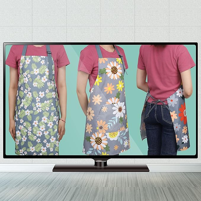 BOUMUSOE 3 Pack Floral Aprons with Pocket, Blooming Womens Aprons Waterproof Adjustable Cooking Apron for Kitchen Gardening - Image 2