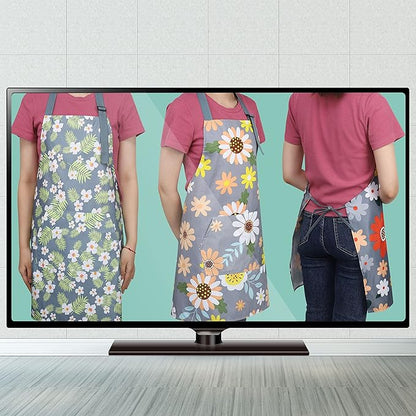 BOUMUSOE 3 Pack Floral Aprons with Pocket, Blooming Womens Aprons Waterproof Adjustable Cooking Apron for Kitchen Gardening - Image 2