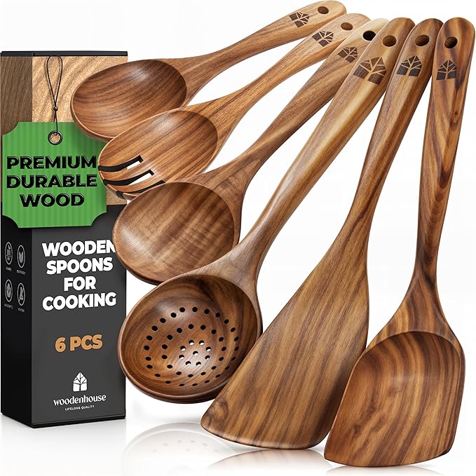 Wooden Spoons for Cooking – Wooden Kitchen Utensils Set, 6 Pcs Teak Wood Utensil Set – Comfortable Grip Non–Stick Wooden Cooking Utensils by Woodenhouse