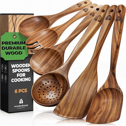 Wooden Spoons for Cooking – Wooden Kitchen Utensils Set, 6 Pcs Teak Wood Utensil Set – Comfortable Grip Non–Stick Wooden Cooking Utensils by Woodenhouse