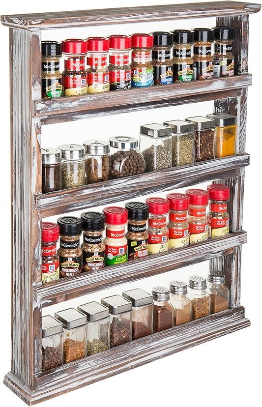 MyGift Wooden Spice Rack Wall Mount, Hanging 4 Tier Seasoning Jar Shelf Organizer, Condiment Storage for Kitchen, Pantry, Large Spice Organization, Vintage Rustic Torched by MyGiftHome