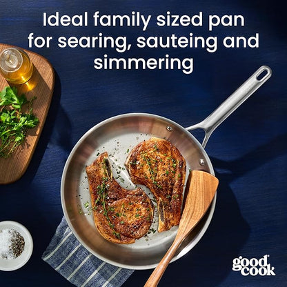 GoodCook Stainless Steel Fry Pan 12-Inch, Oven-Safe to 500F & Induction-Safe Compatible with All Stovetops 3-Layer Construction for Even Heating Non-Toxic PTFE & PFOA Free, Silver
