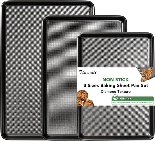Tiawudi Baking Sheet Pan Set, 0.8mm Thick Heavy Duty Cookie Sheet with Diamond Texture Pattern, Nonstick Baking Tray for Oven, Carbon Steel Half, Jerry Roll Pan, Set of 3 by Tiawudi