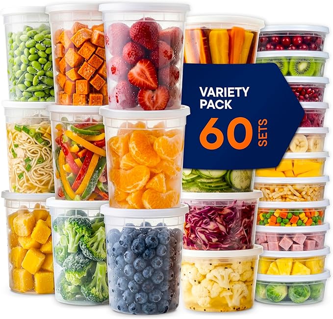 Stack Man [60-Sets] Plastic Deli Food Storage Containers with Airtight Lids Combo Set | 32 oz | 16 oz | 8 oz. | Disposable Plastic Takeout Containers for Soup - Freezer, Microwave and Dishwasher Safe