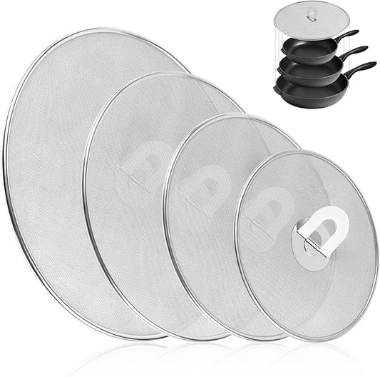 4-Pack Splatter Screens for Frying Pan - Stainless Steel Grease Splatter Guard with Foldable Knob