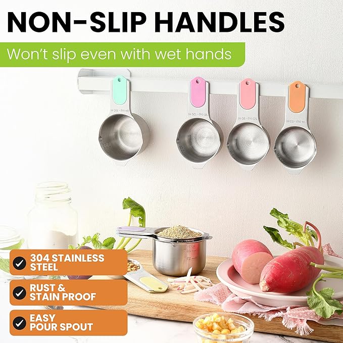 Spring Chef Magnetic Stainless Steel Measuring Cups, Patented, Kitchen Tools with Easy to Read Markings for Measuring Dry or Liquid Ingredients, Set of 7, Pastel - Image 6