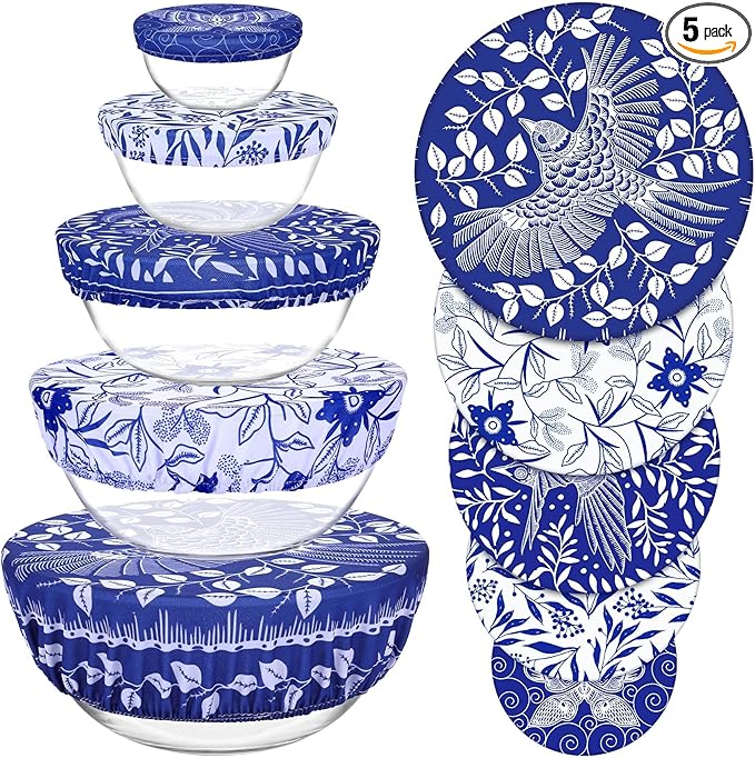 5 Pieces Bowl Covers Reusable, 5 Size Elastic Cloth Bowl Covers for Bread Proofing Stretch Food Covers Washable for Food Fruits Leftover (Batik Bird) by Revahope