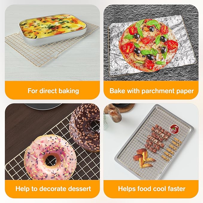 2PCS Cooling Racks for Cooking and Baking - 10" x 16"Heavy Duty Stainless Steel Wire Rack for Baking, Grilling, Roasting - Oven & Dishwasher Safe - Fits Half Sheet Pan（Gold） - Image 4