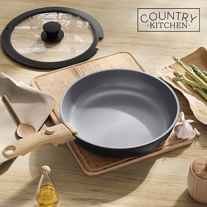 Country Kitchen Cookware Set with Removable Handle, Oven & RV Safe Pots and Pans Set, Black/Grey Wood Handle, Original - Image 9