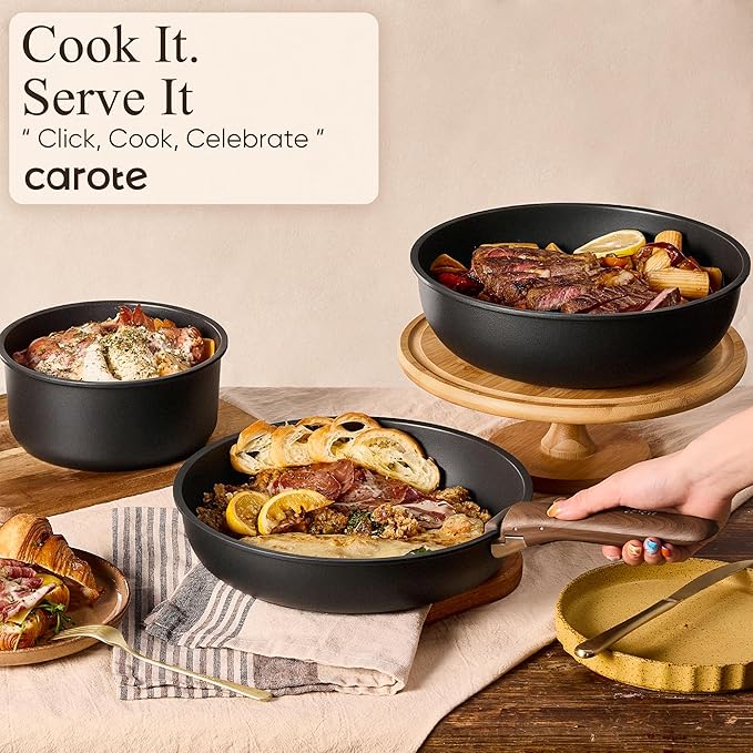 CAROTE 19pcs Pots and Pans Non Stick, Cookware Sets Detachable Handle, Induction Kitchen Pots and Pans,NonStick Cooking Set, Oven/Dishwasher/Fridge Safe, Space Saving - Image 7