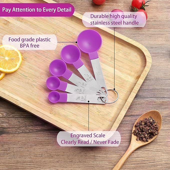 Measuring Cups and Spoons Set of Huygens Kitchen Gadgets 10 Pieces, Stackable Stainless Steel Handle Measuring Cups for Measuring Dry and Liquid Ingredient (Mauve) - Image 3