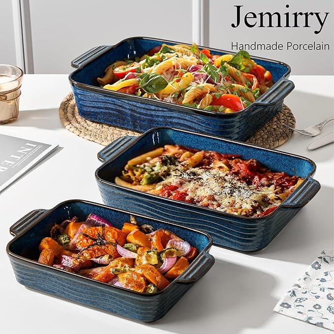 Kiln-Transformed Blue Ceramic Baking Dish Set of 3, Casserole Dishes for Oven, Square Porcelain Bakeware Set with Handles, Lasagna Baking Pan for Cooking, Perfect for Baking and Serving, Housewarming, Halloween, Thanksgiving, Christmas, New Year - Image 4