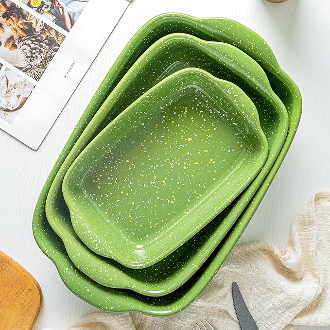 Ceramic Baking Dishes for Oven,Heavy Duty Bakeware Dish Set of 3, Rectangular Casserole,Lasagna Pan Deep,High Heat Resistant,Glazed Handcraft Speckle Series (13.8''/12''/9.6''Green) - Image 5