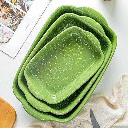 Ceramic Baking Dishes for Oven,Heavy Duty Bakeware Dish Set of 3, Rectangular Casserole,Lasagna Pan Deep,High Heat Resistant,Glazed Handcraft Speckle Series (13.8''/12''/9.6''Green) - Image 5