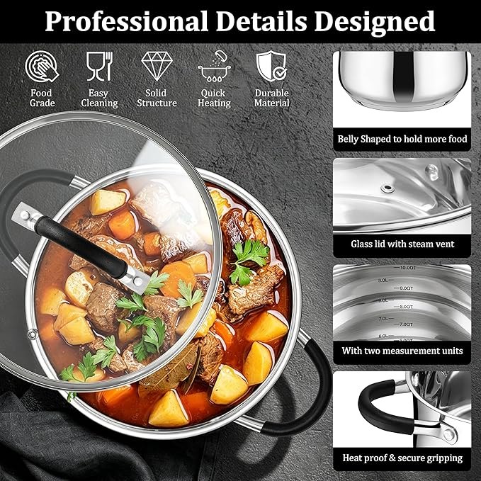 E-far 10 Quart Stock Pot, Stainless Steel Pot for Cooking Soup Simmering Stew, Tall Induction Pot with Visible Lid, Large Pot w/Tri-Ply Base & Dual Heat Proof Handles, Non-Toxic & Dishwasher Safe - Image 4