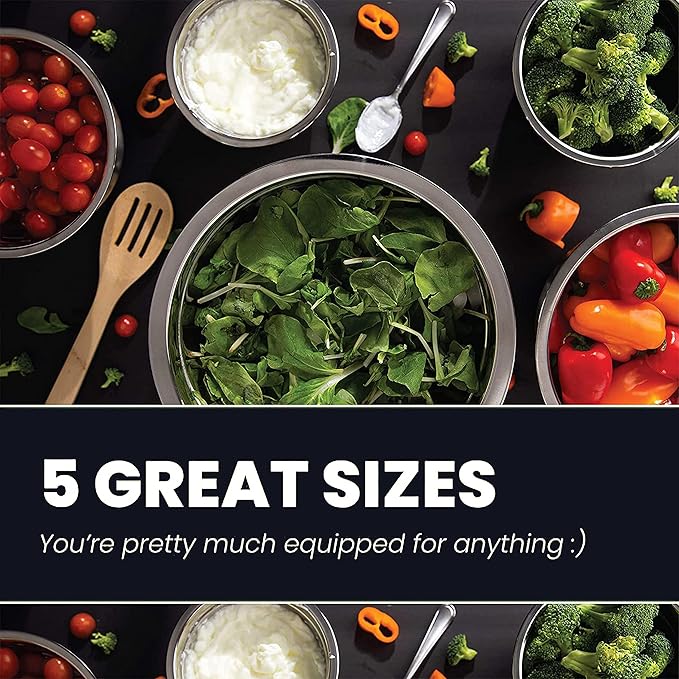 WHYSKO Stainless Steel Mixing Bowl Set, 10 Piece Stainless Steel Mixing Bowls with Lids Set for Food Prep Storage and Serving, Dishwasher Safe for Kitchen Baking Cooking, Black - Image 6