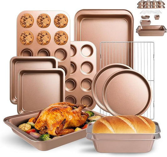 11-Piece Nonstick Baking Pans Set - Professional Grade Carbon Steel Bakeware with Premium Coating- Dishwasher Safe, Stackable, Oven Safe to 450°F (Champagne) by Unknown