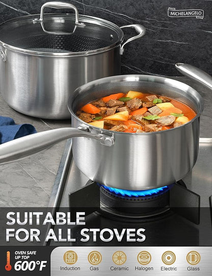 MICHELANGELO 6 Pcs Tri-ply Stainless Steel Pot Set, 2QT & 3QT & 8QT Pot with Lids, Nonstick HoneyComb Interior Cooking Pot Set, Compatible with All Cooktops, Oven & Dishwasher Safe - Image 2