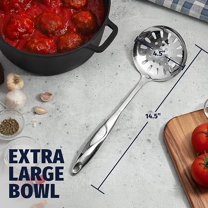 Zulay Kitchen Stainless Steel Slotted Spoon - 14.5” Large Skimmer Frying Spoon for Draining & Serving - Heat-Resistant, Rust-Proof & Dishwasher Safe Kitchen Utensil for Everyday Use - Image 4