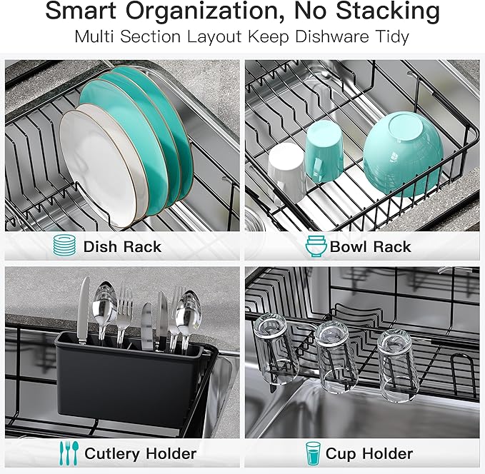 JASIWAY Dish Drying Rack in Sink, Expandable Stainless Steel Dish Drainers for Kitchen Counter, Space Saving Dish Dryer Rack with Drainboard, Over The Sink Dish Racks with Utensil Holder, Black - Image 7