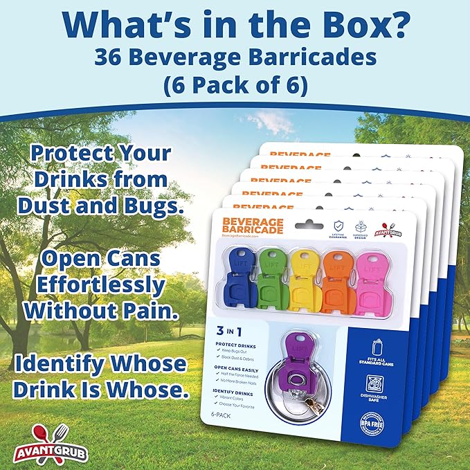 Complete Cover Easy Tab Opener New and Improved 36PK Beverage Barricade 2.0 by Avant Grub. Colorful Drink Can Protector Cap for Soda, Beer, Coke Shields From Bugs, Bees, Dust at the Party, BBQ, Beach - Image 7