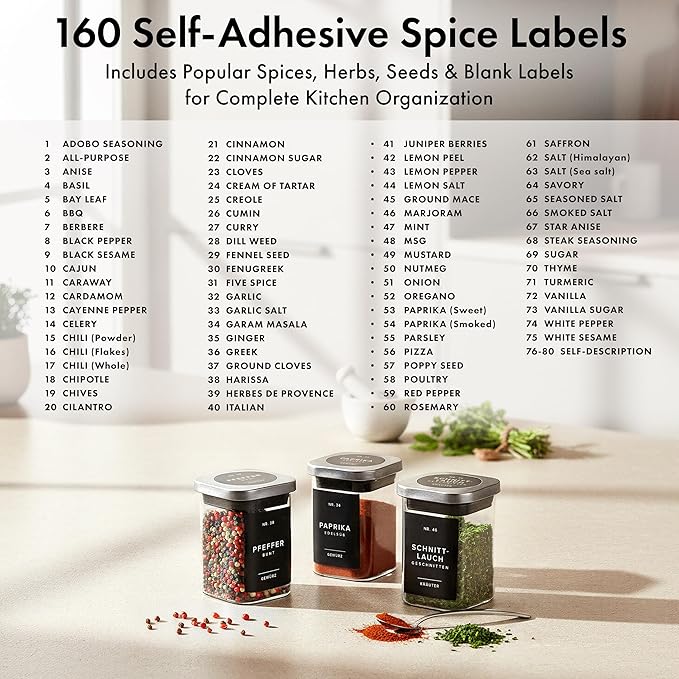 EDELHAUS Glass Spice Jars with Labels and Steel Lids (12 x 6.4oz) Spice Containers with 160 Label, Steel Funnel, Shaker Inserts, Empty Square Seasoning Organizer for Spice Rack, Cabinet, Drawer - Image 6