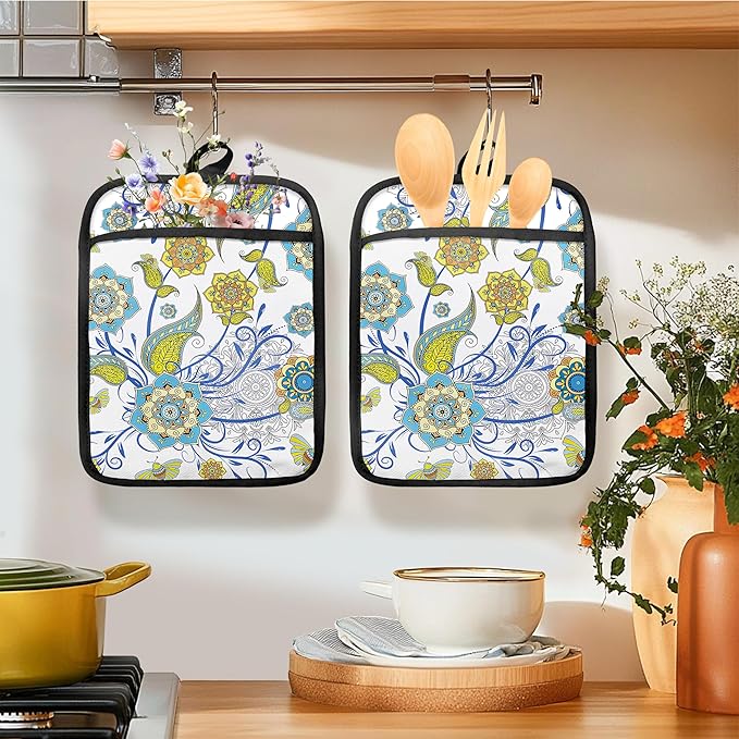 Boho Floral Oven Mitts Set, Vintage Luxury Blue and Gold Flower Floral Heat Resistant Kitchen Oven Gloves for Baking and Cooking,Pot Holders - Image 3