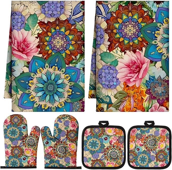 Jingmore 6 Pcs Kitchen Decor Set Accessory Farmhouse Kitchen Towels Pot Holders Oven Mitts Set 2 Dish Towels 2 Pot Holders 2 Cooking Mittens Oven Glove for Cooking(Colorful,Boho Floral) by Jingmore
