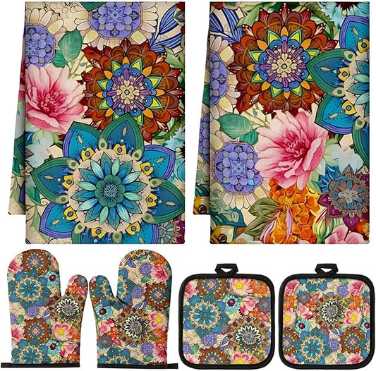 Jingmore 6 Pcs Kitchen Decor Set Accessory Farmhouse Kitchen Towels Pot Holders Oven Mitts Set 2 Dish Towels 2 Pot Holders 2 Cooking Mittens Oven Glove for Cooking(Colorful,Boho Floral) by Jingmore