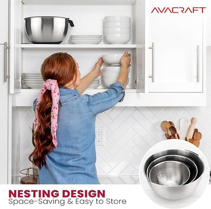 AVACRAFT 18/10 Stainless Steel Mixing Bowls with Lids, non slip silicone base bowls with Handle, Mixing Bowl Set with Pour Spouts & Measurement Marks, Home Essentials Cooking Bowls, (Black)
