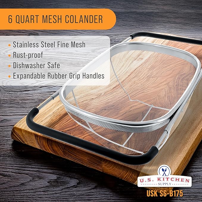 U.S. Kitchen Supply Stainless Steel Colander Strainer - 6-Quart Collapsible Colander with Expandable Rubber Handles - Rectangular Sieve, Fine Mesh Stainless Steel Strainers and Colanders for Kitchen - Image 2