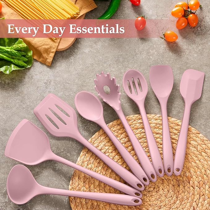 LIANYU Kitchen Silicone Utensils Set, 8Pcs Cooking Utensils Spatula Set for Nonstick Cookware, Heat Resistant Kitchen Gadgets Include Silicone Spoon, Turner, Spatula, Ladle, Dishwasher Safe, Pink - Image 3