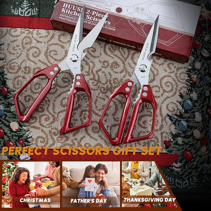 Huusk Kitchen Scissors Set Red - Japanese Kitchen Shears, Heavy Duty Poultry Shears, Sharp Meat Scissors for Food, Chicken Bones, and Turkey, Christmas Gifts for Women Men - Image 7