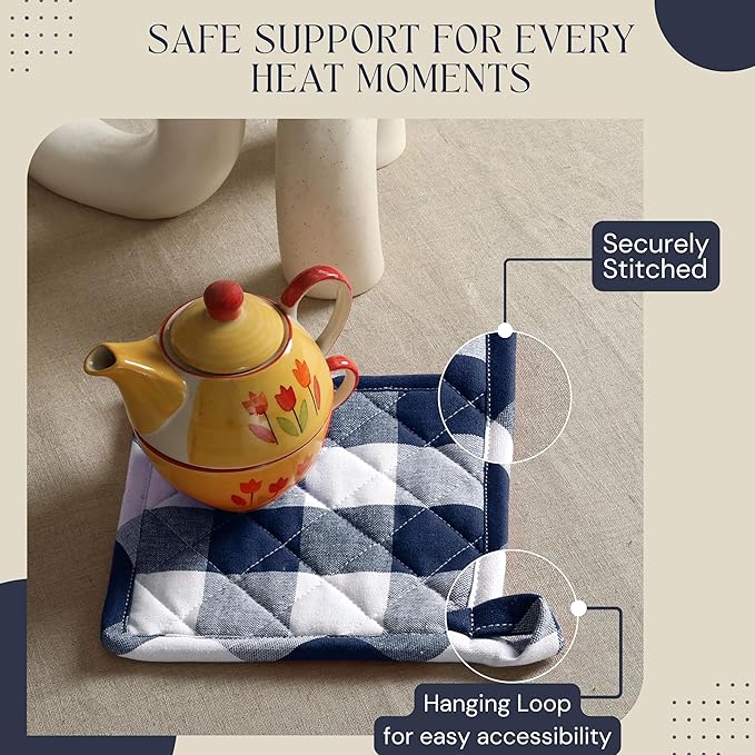 Oven Mitt & Pot Holder Buffalo Plaid Check 100% Cotton Heat Resistant Oven Gloves (7"x13") & Hot Pads (8"x8") Combo for Baking, Cooking - Navy