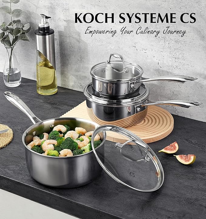 KOCH SYSTEME CS Triply Stainless Steel Saucepan Set, 1QT & 2QT & 3QT Stainless Steel Pot Set with lid, Diswasher & Oven Safe, Induction Compatible Pot, 6PCS