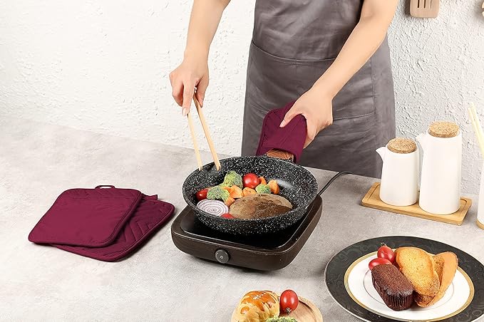 Oven Pot Holder with Pocket Cotton Heat Resistant Coaster Potholder Kitchen Hot Pad Oven Mitts for Cooking Square 7"x9"Set of 5 (Burgundy red, 5) - Image 4