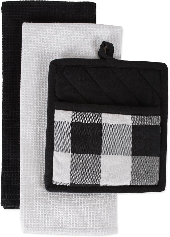 DII Buffalo Check Kitchen Collection, Classic Farmhouse Kitchen Set, Potholder & Dishtowel, Black & White, 3 Piece