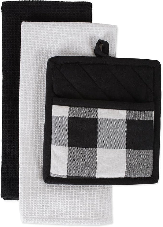 DII Buffalo Check Kitchen Collection, Classic Farmhouse Kitchen Set, Potholder & Dishtowel, Black & White, 3 Piece