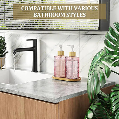 MASADI Soap Dispenser Set with Bamboo Tray, Dish and Hand Soap Lotion Dispenser Set with Wooden Pump for Kitchen and Bathroom Decor for Counter, Modern Vintage Liquid Soap Dispensers (Pink&Bamboo) - Image 6