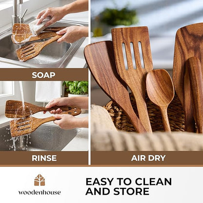 Wooden Spatula for Cooking - Non-Scratch, Sturdy, Natural Teak Cooking Utensils - Easy to Clean Wooden Spatula Set with Turner, Scraper, Slotted & Frying Wood Spatulas, Jar Scraper, Spoonula - 6 Pcs - Image 8