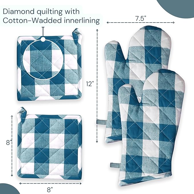 Oven Mitt & Pot Holder Buffalo Plaid Check 100% Cotton Heat Resistant Oven Gloves (7"x13") & Hot Pads (8"x8") Combo for Baking, Cooking - Teal