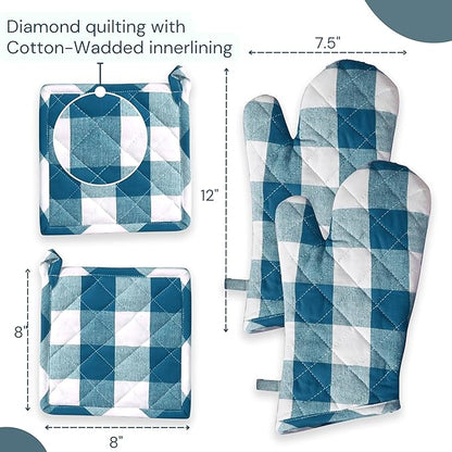 Oven Mitt & Pot Holder Buffalo Plaid Check 100% Cotton Heat Resistant Oven Gloves (7"x13") & Hot Pads (8"x8") Combo for Baking, Cooking - Teal