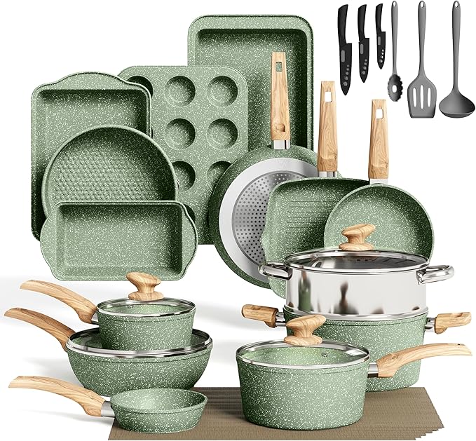 MAISON ARTS Pots and Pans Set Non Stick, 30 Piece Kitchen Cookware & Bakeware Sets with Granite Coating, Pots and Pans Sets for Cooking Nonstick, Green by MAISONARTS