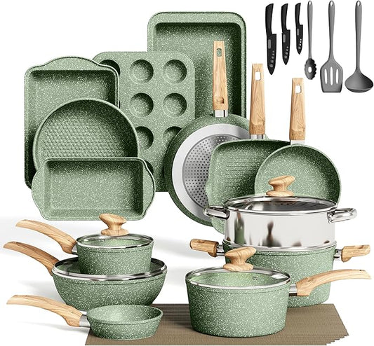 MAISON ARTS Pots and Pans Set Non Stick, 30 Piece Kitchen Cookware & Bakeware Sets with Granite Coating, Pots and Pans Sets for Cooking Nonstick, Green by MAISONARTS