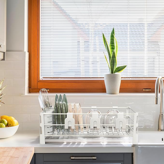 Simple Houseware White Dish Drying Rack with Drainboard, Utensil Holder & Mug Hooks – Metal Kitchen Counter Organizer - Image 6