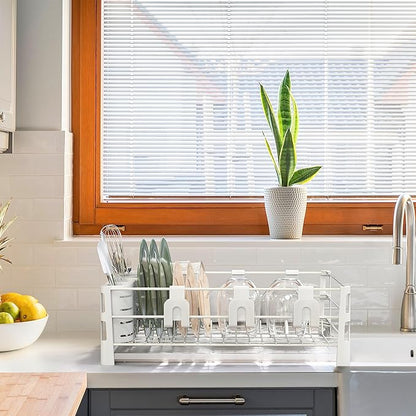 Simple Houseware White Dish Drying Rack with Drainboard, Utensil Holder & Mug Hooks – Metal Kitchen Counter Organizer - Image 6