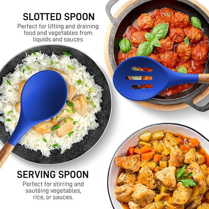 Zulay Kitchen Non-Stick Silicone Cooking Utensils Set with Acacia Wood Handles - 5 Piece Set - Heat Resistant to 464F - Dark Blue - Image 4