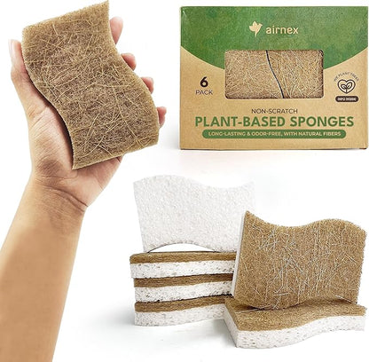 AIRNEX Natural Kitchen Sponges (6 Pack) - Biodegradable Cellulose & Coconut Scrubber Dish Sponges for Kitchen - Eco-Friendly, Non Scratch, Compostable, Non Toxic S-Shaped Natural Sponges for Dishes by Airnex
